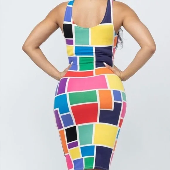 TANK TOP MULTI COLORFUL COLOR BLOCK FITTED BODYCON‎ MIDI DRESS - Picture 5 of 8
